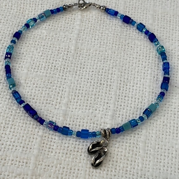 Jewelry - Sterling silver flip flop charm blue glass tube seed bead ankle bracelet